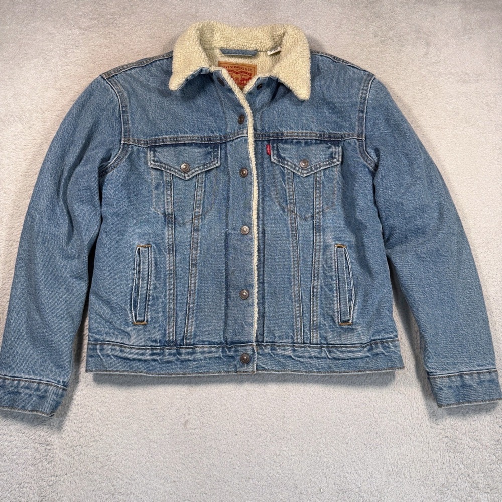 Levi's Sherpa Lined Denim Trucker Jacket Womens M Blue 100% Cotton Faux Fur